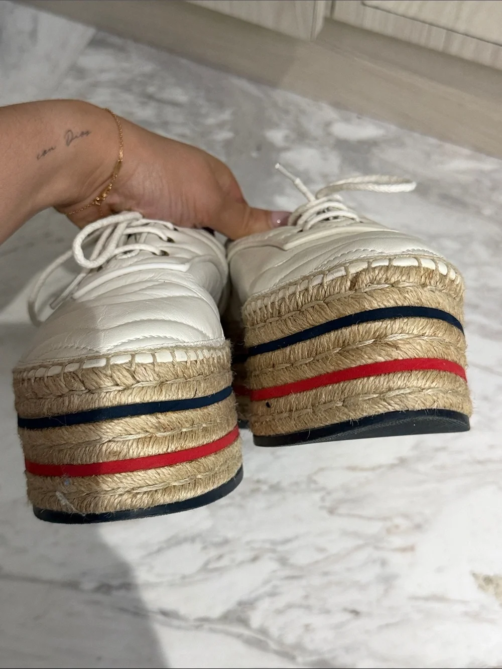 Gucci White Quilted Leather Platform Espadrille Sneakers with Red & Navy Stripes